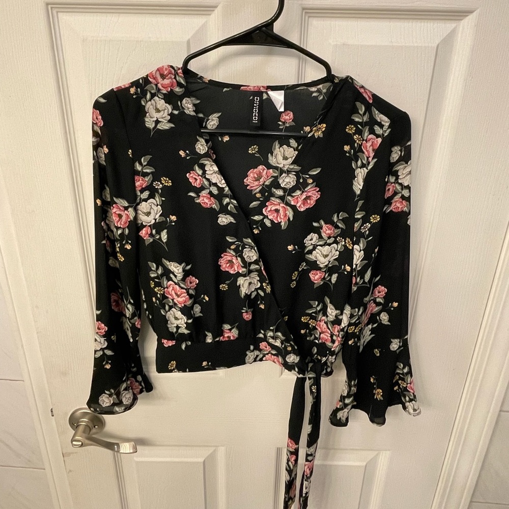 H&M Floral tie front blouse with bell sleeves